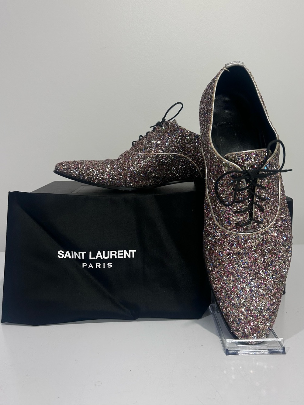 Men’s Saint Laurent Sparkle Pointed Lace-Up Oxfords - Multi Glitter